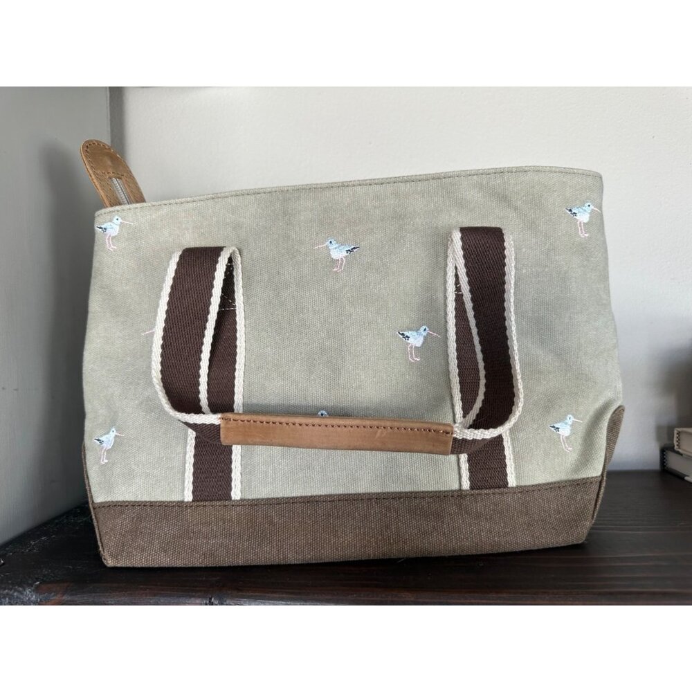 VTG LL Bean RARE Boat & Tote Handbag Seagull Embroidery & Leather Brown Beige - Picture 2 of 11